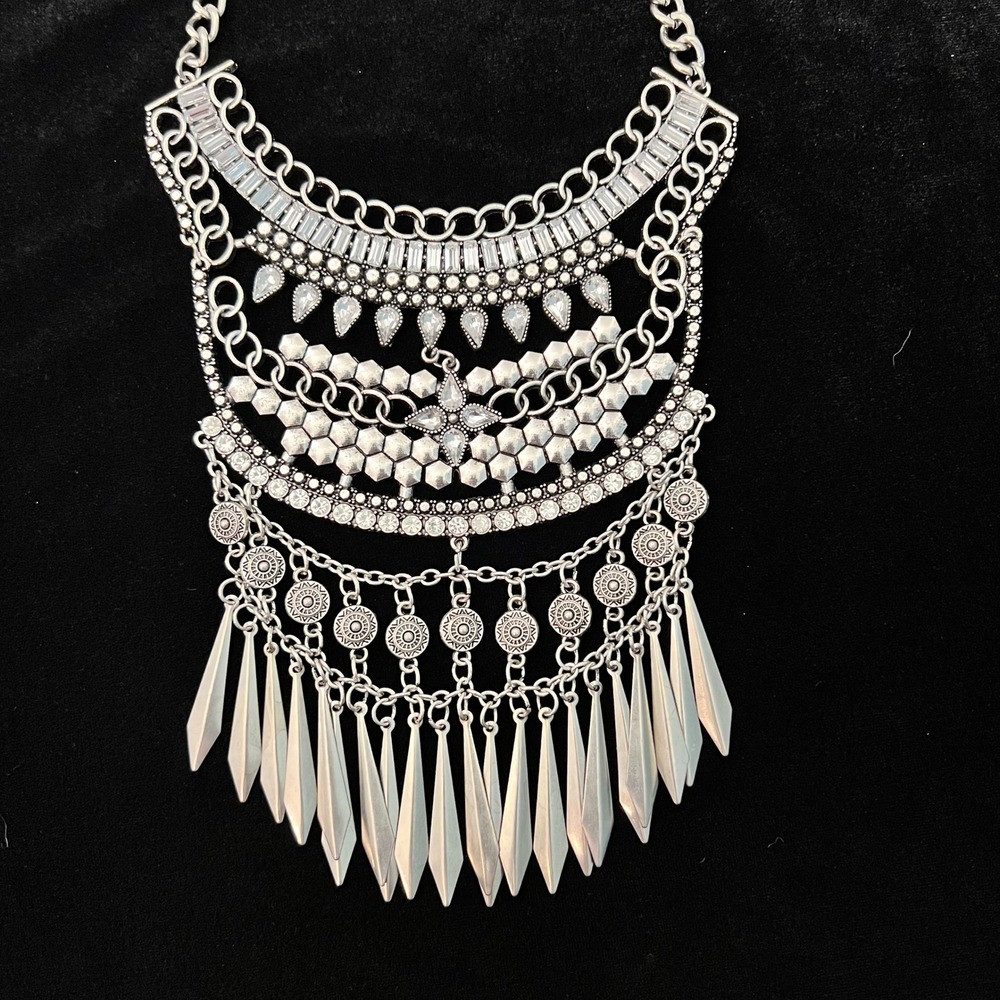 Silver Statement Bib Necklace Gothic Tribal Boho Rhinestone Bling Metal Fringe